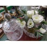 Cut glass lidded biscuit barrel, cut glass fruit bowl, pair of glass candlesticks,