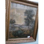 Gilt framed landscape print of trees on hill overlooking village stream and church