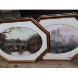 Pair of modern octagonal framed prints one of a sunset over a cathedral the other of a day in late