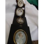 String of 4 miniatures, 2 in oval brass frames,