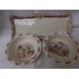 Pair of Bunnykins cereal bowls and a rectangular Capo Di Monte sandwich plate with raised coloured