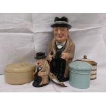 Royal Doulton figure of Winston Churchill and another miniature together with 3 lidded pots
