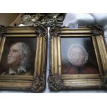 Pair of small unframed and unsigned gilt framed oils on board of a bonneted old lady and of a