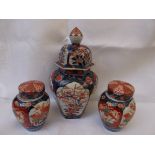 3 oriental Imari style lidded caskets each decorated traditional colours of rust brown and cobalt