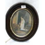 Coloured print of young girl 'Just another Minute' in oval mahogany frame