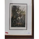 Coloured fox hunting print 'Artful Reynard' in contemporary gilt and dark oak frame