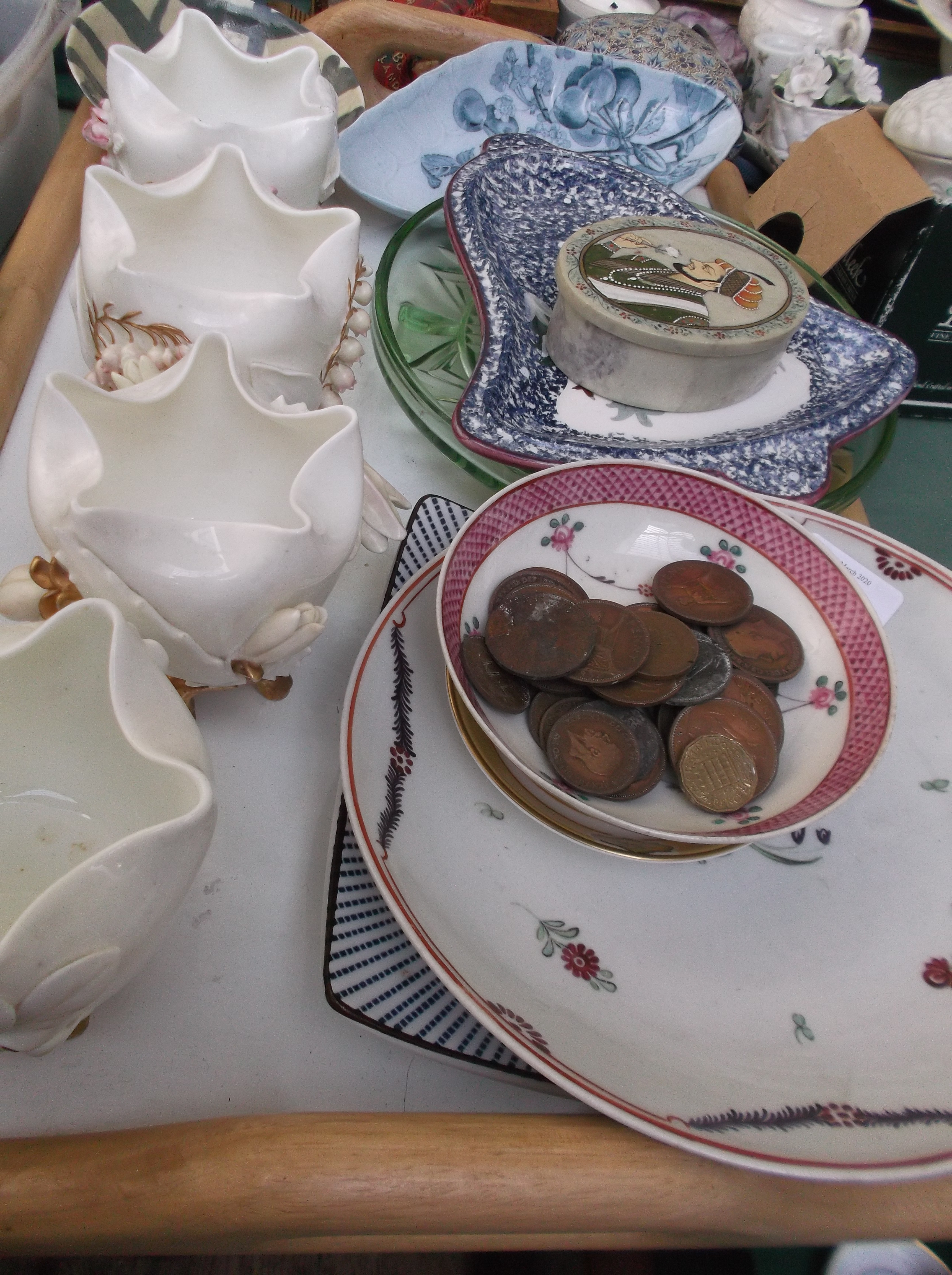 Magpie lot of a selection of mixed plates and dishes and four decorative Moore white china posy