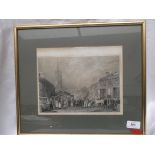 Gilt framed black and white print of market scene with cathedral in background