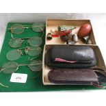 Magpie lot of 4 pince-nez Victorian spectacles with leather cases, various plated thimbles,