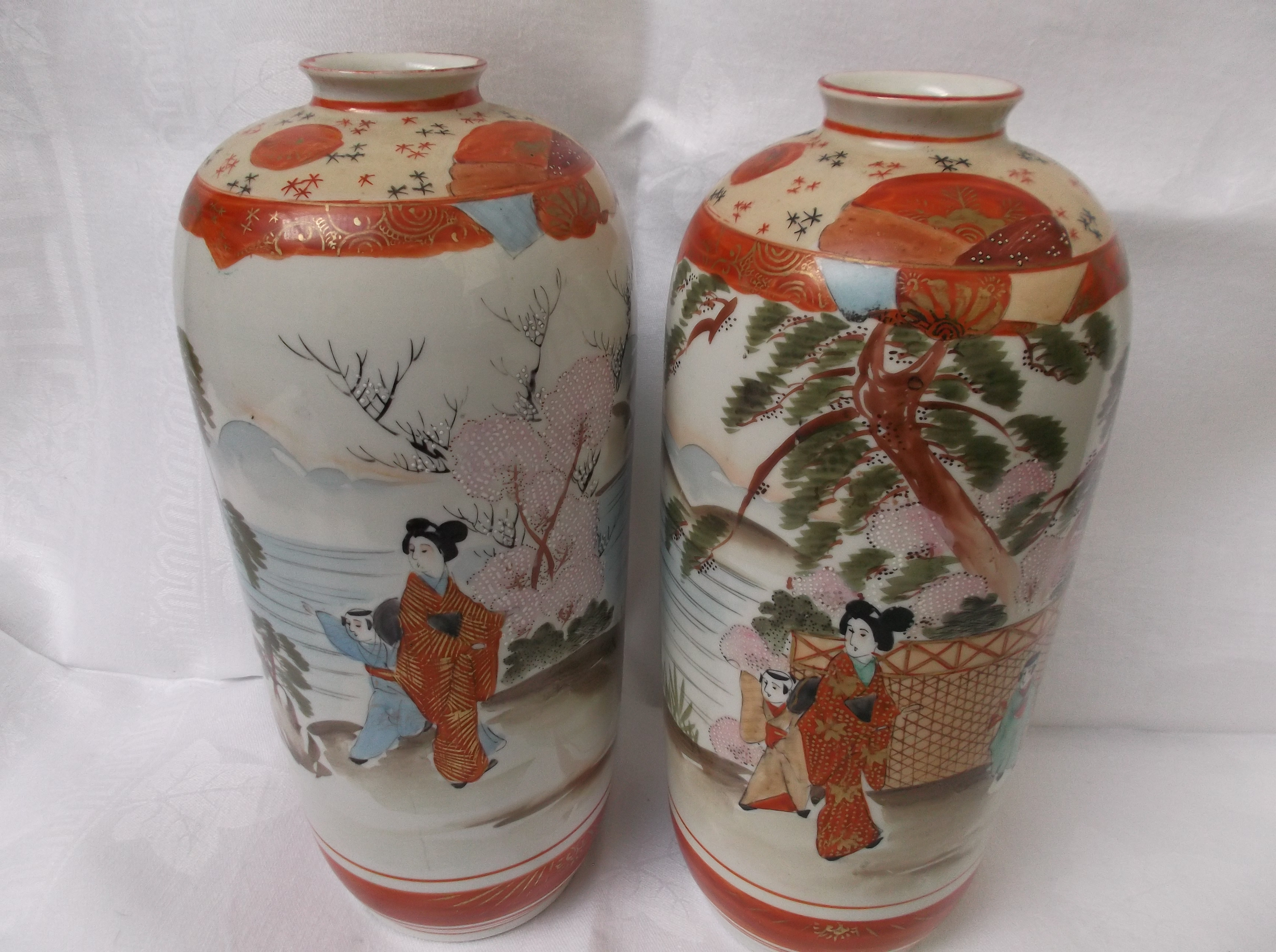 Pair of satsuma mantelpiece vases decorated traditional floral sprays,