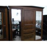 Ornate inlaid Edwardian mahogany double wardrobe unit fitted 2 wing rectangular bevel edged