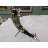 Most decorative presentation cup in the shape of an Ox's horn with silver mounts on splayed stand
