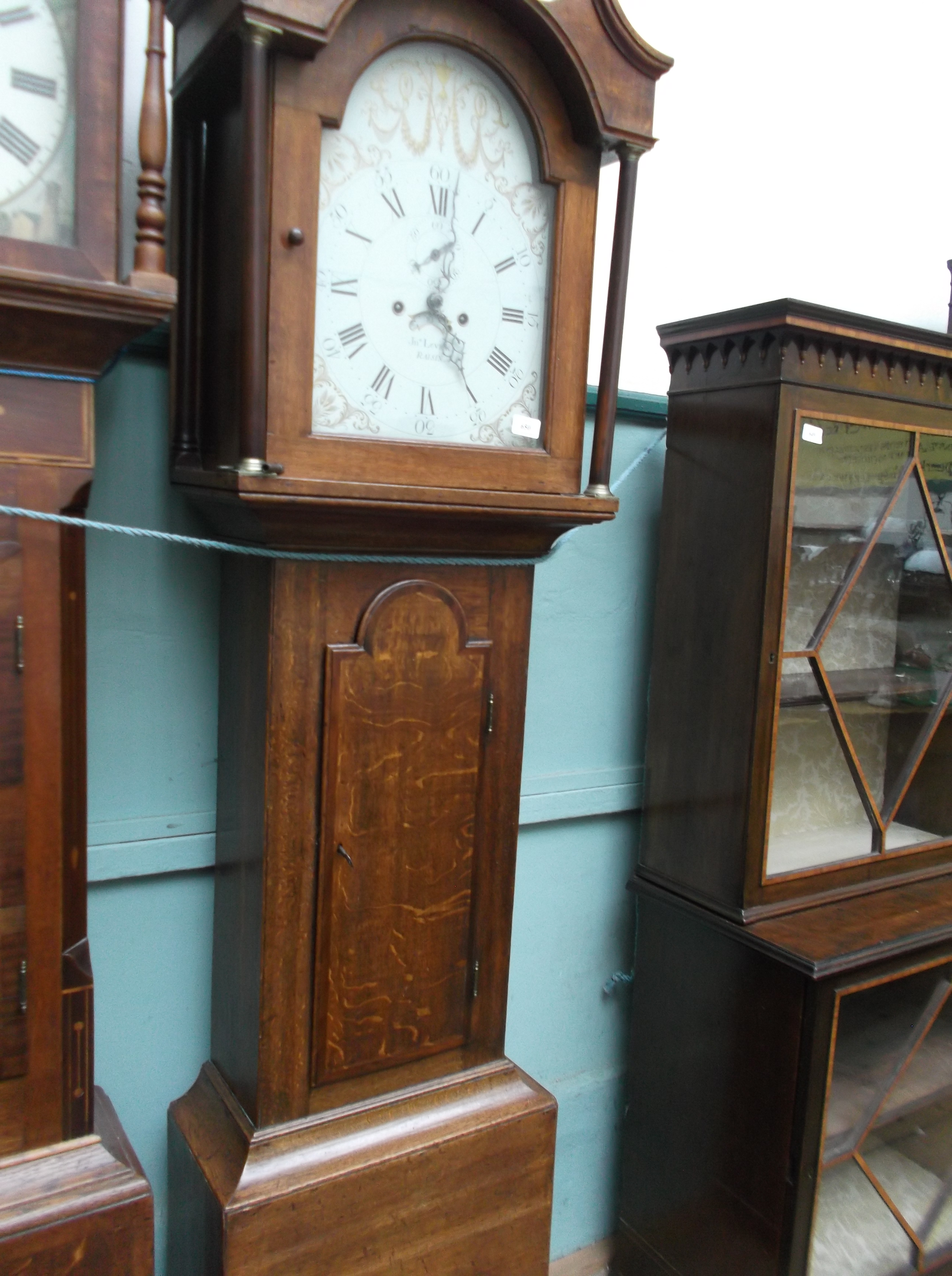 Oak Victorian hooded long cased clock with swan neck pediment,