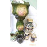 Green ground planter on pedestal, decorated Piper serenading his lady, German steins,