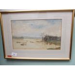 Gilt framed watercolour of a river in flood,