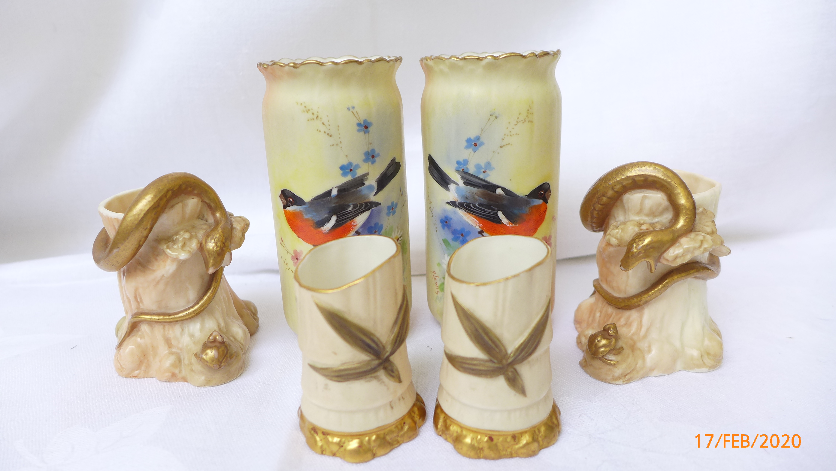 Pair of Worcester Locke & Co hand painted spell vases, each of bull finches signed J.