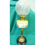 Table lamp in similar style with brass corinthian column on circular black pot base,