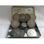 Churchmans cigarette tin containing 2 bun pennies, Georgian Crown, 3 Victorian Crowns,