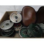 Selection of Shakespeare Worcestershire salmon reels, spare spools etc.