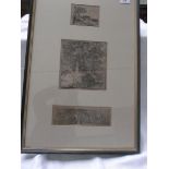 Framed three panel black and white etching of birch trees and cattle on the edge of a forest,