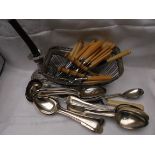 Selection of bone handled cutlery, plated dessert and serving spoons,