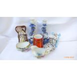 Orange ground Poole pottery posy vase, pair of blue squat candlesticks, 2 figurines etc.