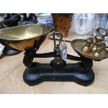 Set of metal Librasco kitchen scales with brass pans and 3 bell weights