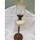 Light brown and cream painted circular pot based table lamp with brass corinthian column,