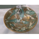 Green ground fruit bowl hand painted and signed by Christina Tomlinson the patterned gilt inset