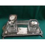 Rectangular silver ink stand on claw feet inset 2 cut glass jars each with silver collar and lid