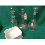 Handled port decanter and 2 other decanters, one with golf ball stopper etc.