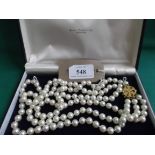 Boxed 3 strand pearl necklace with gold clasp