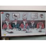 Rectangular framed coloured panel of 'Mr Hunts breakfast on Christmas Day' with text of the