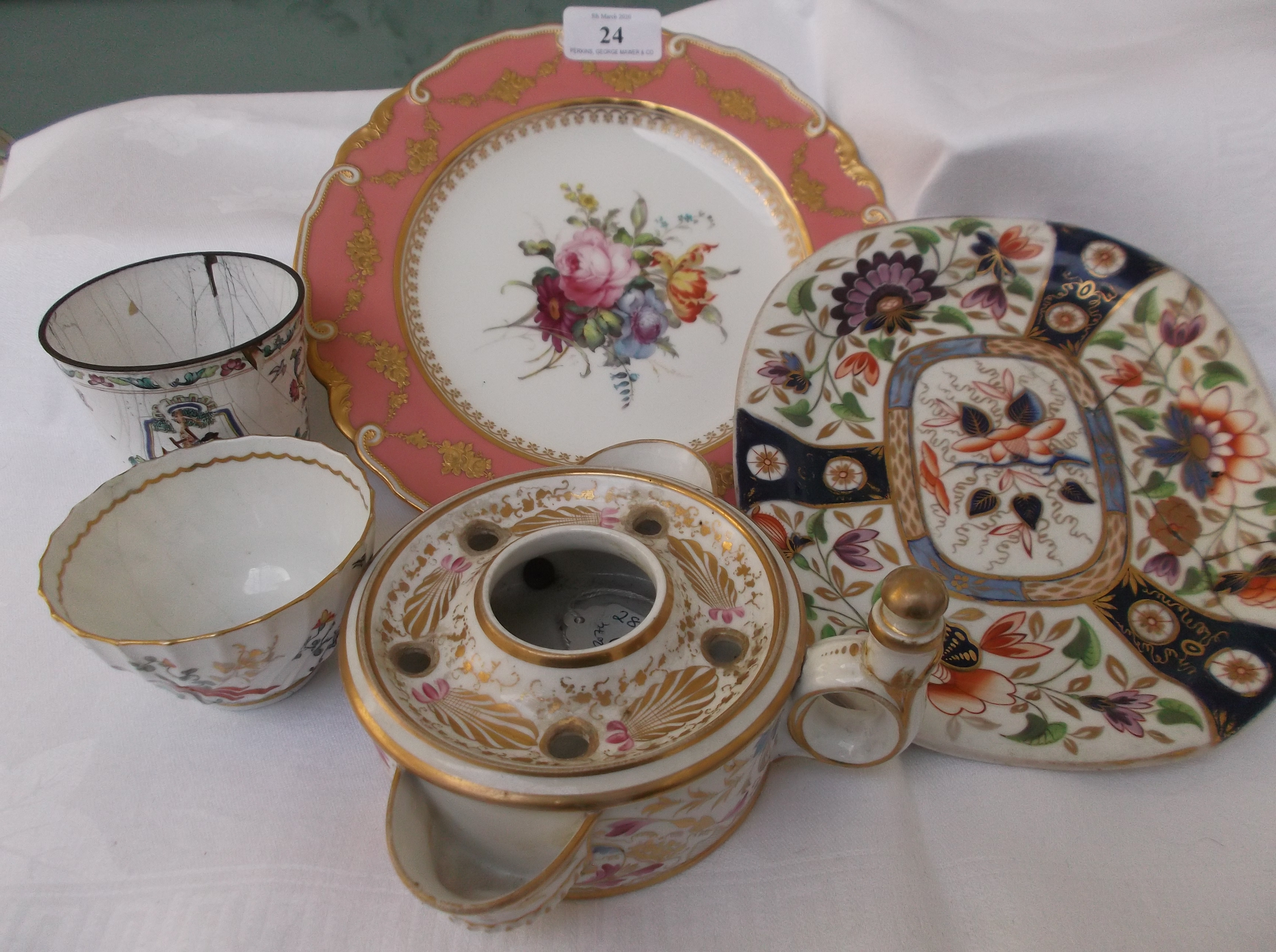 Gilt and pink surround Royal Crown Derby dessert plate with hand painted mixed floral sprays to