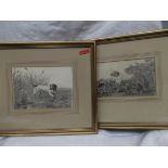 Pair of gilt framed prints each of a hunting dog flushing game