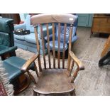 Lancashire style fireside chair in mixed woods with 5 shaped vertical splats to back