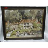Framed watercolour signed Sturgeon of two girls feeding ducks in a stream with Manor House behind