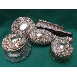 6 piece dressing table pieces, the majority silver backed but non matching incl.