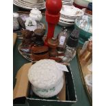 Belleek lidded dressing table dish in original box, tray of pepper mills,