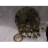 Selection of silver plateware incl. circular tray, 5 goblets, flower vases etc.