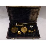 Delicate set of brass double pan metal/sovereign scales with weights and tweezers in original