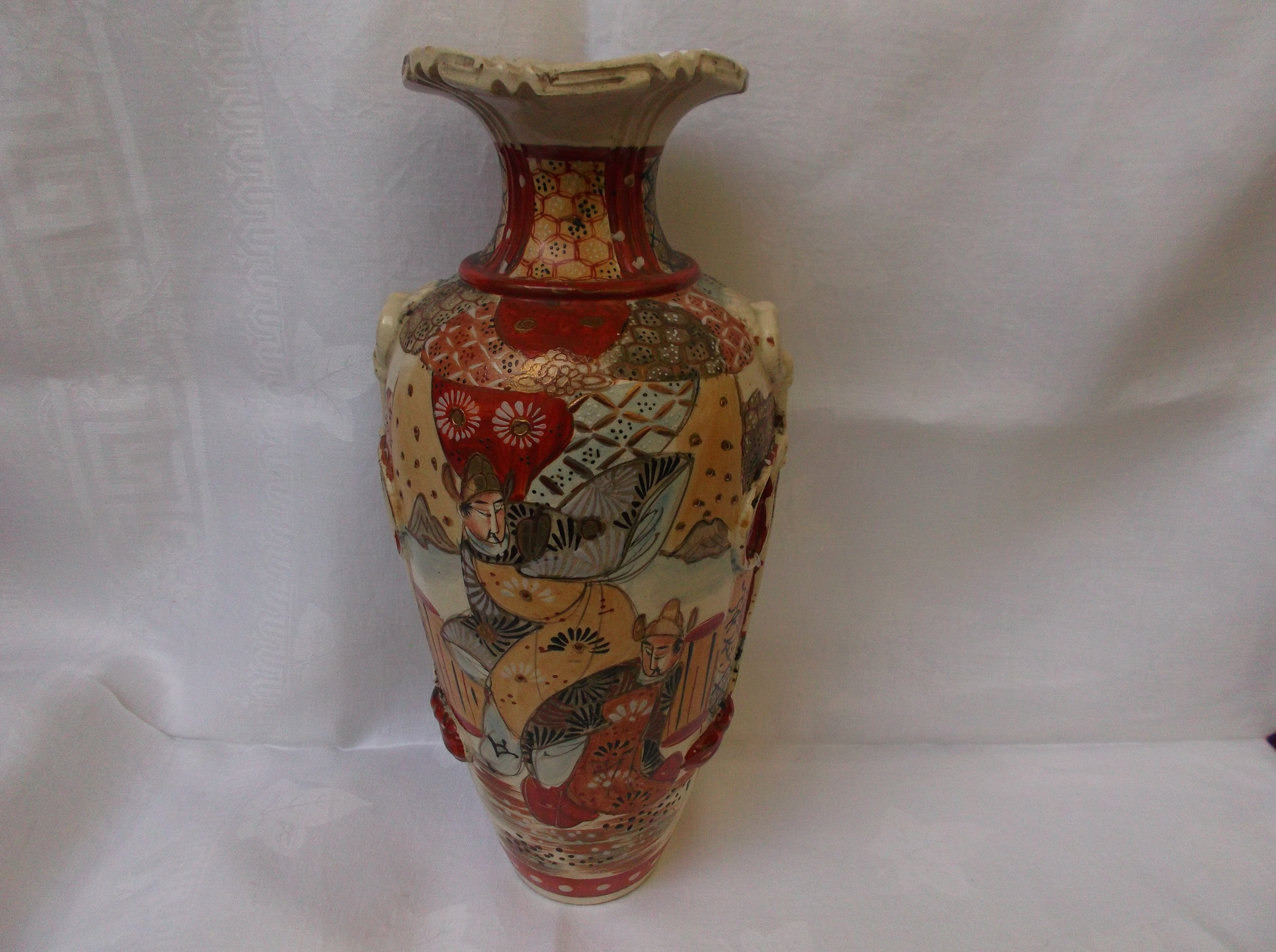 Large cylindrical satsuma vase decorated traditional scenes and colours (14 1/2" high)