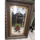 Carved oak framed rectangular wall mirror painted butterfly and floral scene