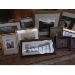 Selection of small framed miniature principally coloured prints, pair of Cockerel paintings etc.