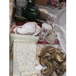 Plaster wall sconce, brass style child's head wall ornament and 2 trays of misc. incl.