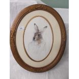 Signed watercolour of a brown Hare in oval gilt frame