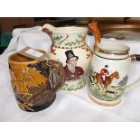 Crown Devon Fielding hunting scene water jug with fox handle and 2 musical ale mugs each depicting