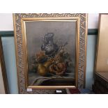 Oil still life on canvas of mixed fruits in decorative gilt frame signed G.