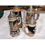 4 lidded stein stoneware ale mugs in similar style