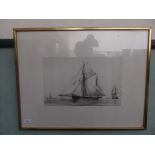 Gilt framed black and white coloured print of a sailing clipper about to enter harbour signed L.